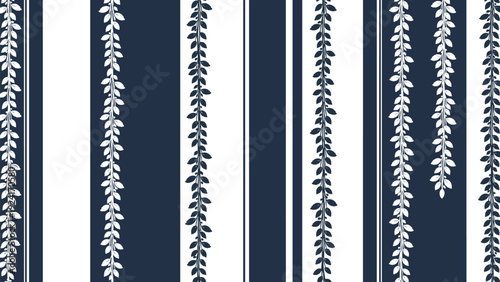 Seamless pattern of dark blue and white vertical stripes decorated with delicate vine of leaves, ideal for wallpaper and fabric textile prints.