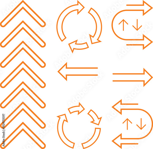 Set of 9 diverse orange arrow icons on a white background: directional, circular, and stacked arrows