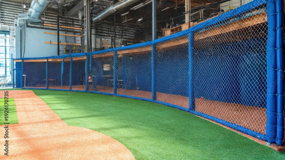 Fototapeta premium Indoor sports facility features a curved batting cage barrier next to artificial turf.