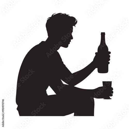 Silhouette of a man seated holding a bottle and a glass