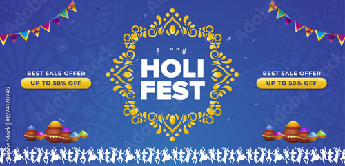 Happy Holi festival celebration header banner or poster design on purple background with water gun and bunting decoration.