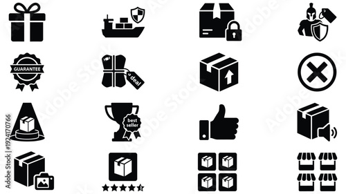 Set of 16 E-commerce and Shipping Black Icons Vector