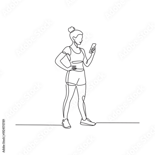 Continuous line drawing of a woman using a smartphone while exercising