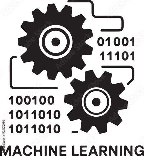 Industrial gears with binary code and MACHINE LEARNING text symbolizing digital intelligence
