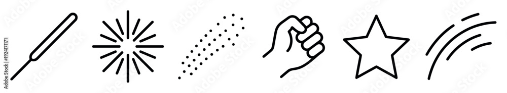 Obraz premium Set of black line icons featuring a sparkler, firework burst, glitter, clenched fist, star, and motion lines representing celebration, power, and success in a minimalist design