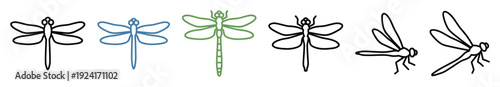 Set of six stylized dragonfly illustrations in black, blue, and green, showcasing various simple line art and outline designs from top-down and side view perspectives