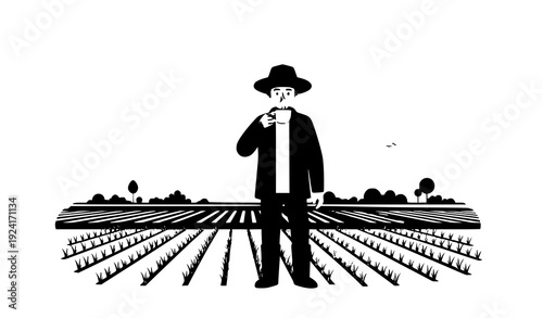 Farmer Enjoying Coffee in Rice Field at Sunset Flat Vector Illustration