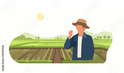 Farmer Drinking Coffee in Green Rice Field Morning Flat Vector Illustration