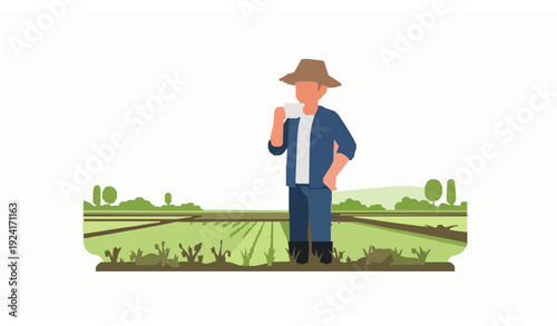 Farmer Sitting Drinking Coffee in Rice Paddy Field Flat Vector Design