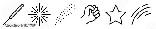Set of black line icons featuring a sparkler, firework burst, glitter, clenched fist, star, and motion lines representing celebration, power, and success in a minimalist design