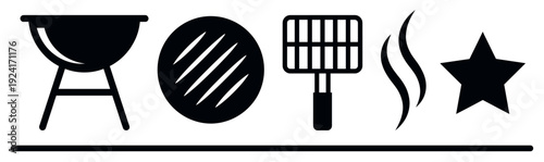Set of black barbecue grilling icons featuring a kettle grill, seared meat patty, spatula, smoke, and star symbol in a clean, minimalist vector illustration style