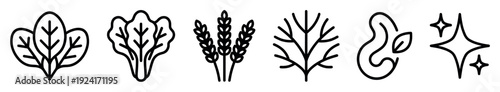 Set of six black line icons showing various plants like lettuce, spinach, and wheat, along with abstract natural and sparkle symbols in a minimalist outline style