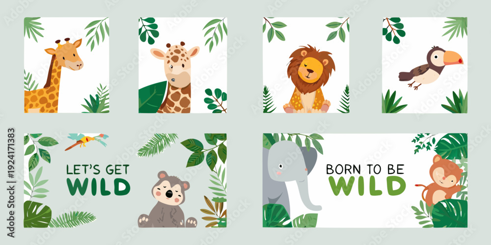 Fototapeta premium A collection of colorful animal illustrations with tropical foliage