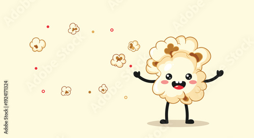 Cute and happy popcorn character with a smiling face, joyfully tossing kernels into the air on a light yellow background.