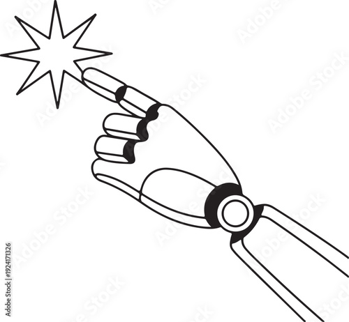 Sleek robotic hand with outstretched index finger pointing towards a glowing starburst symbol