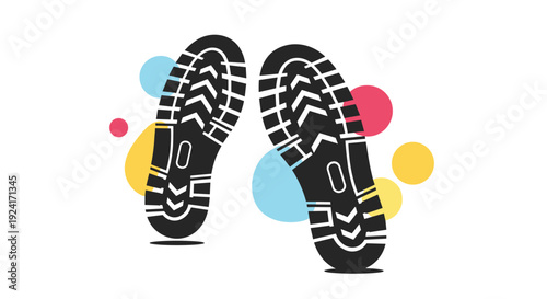 Modern graphic icon featuring two black boot prints set against colorful abstract circles, symbolizing a journey or hiking.