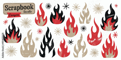 Hand Drawn Fire Flame Star Collage Icon, Doodle Scrapbook Sticker Style, Vector Brush and Crayon Sketch, Grunge Graffiti Cutout, Vintage Paper Illustration, Punk Rock Pattern