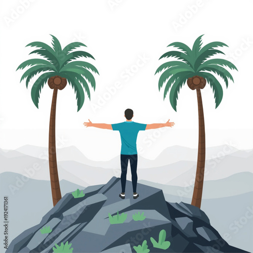 Vector Illustration of a Man Standing on a Mountain Peak with Outstretched Arms and Palm Trees, Concept of Freedom, Success, Achievement, Travel, Adventure, and New Horizons in Nature Landscape.