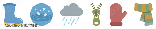 Set of colorful flat weather icons including a rubber boot, puddle, rain cloud, zipper, mitten, and scarf for autumn or winter season concepts in a simple illustration style