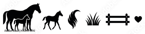 Set of black horse-themed silhouettes including a mare with her foal, a young colt, a flowing mane, grass, a rustic fence, and a heart symbol for creative design