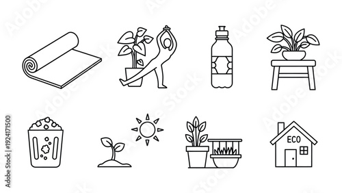 Zen Elements: Discover tranquility and wellness through yoga, nurturing greenery, eco-conscious living. This image, presents a suite of icons to invite the pursuit of well-being.