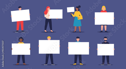 Diverse group of people holding blank white signs and placards, providing a template for protest, announcement, or advertising.