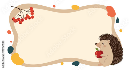 Autumn-themed decorative frame with a cute hedgehog holding an apple and a branch of rowanberries in the corner.