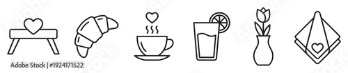 Set of six romantic breakfast icons including a bed tray, croissant, coffee, juice, flower, and napkin in a simple black line art style for a lovely morning