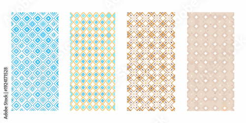 Four rectangular patterns displaying repeating geometric designs in various colors