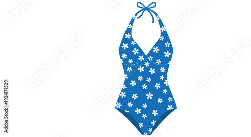 Stylish blue one-piece halter neck swimsuit with a white floral pattern, perfect for summer vacation and beach days.