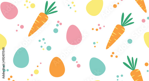 Cute Easter seamless pattern with colorful eggs, orange carrots, and festive confetti dots on a clean white background.