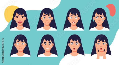 Set of a young woman's facial expressions, showing a range of emotions from happy and sad to angry and surprised.