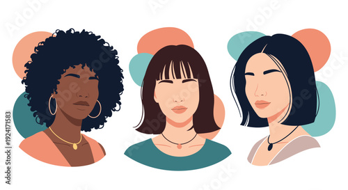 Portraits of three diverse and beautiful women with different hairstyles and skin tones against an abstract background.