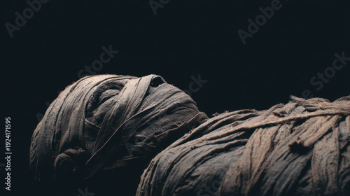 Mysterious and creepy ancient mummy wrapped in burial bandage. This dead horror monster from dark historical egyptian tomb creates an eerie and scary atmosphere