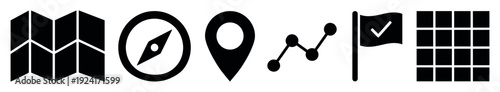 Minimalist black navigation and travel icon set featuring a folded map, compass, location pin, route line, destination flag, and a grid for mapping or planning