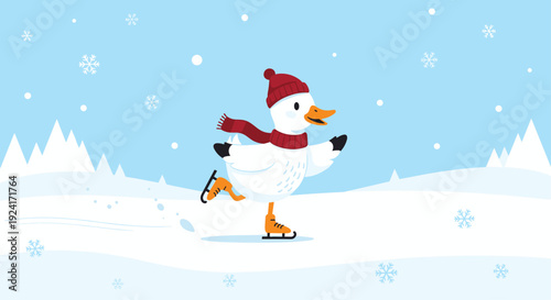 Cheerful cartoon goose wearing a red winter hat and scarf joyfully ice skates across a frozen landscape with falling snowflakes.