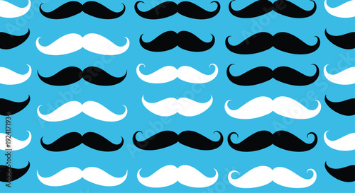 Playful seamless pattern features rows of alternating black and white handlebar mustaches set against a bright blue background.