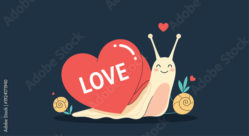 Adorable cartoon snail happily carries a large red heart with the word "LOVE" on its shell, moving slowly but with affection.