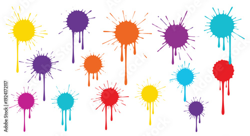 Collection of vibrant and colorful paint splatters and drips, isolated on a white background for a creative and artistic design.