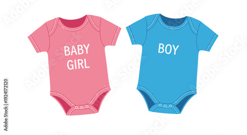 Pink and blue baby onesies with "Baby Girl" and "Boy" text are shown side-by-side for a gender reveal or twin announcement.