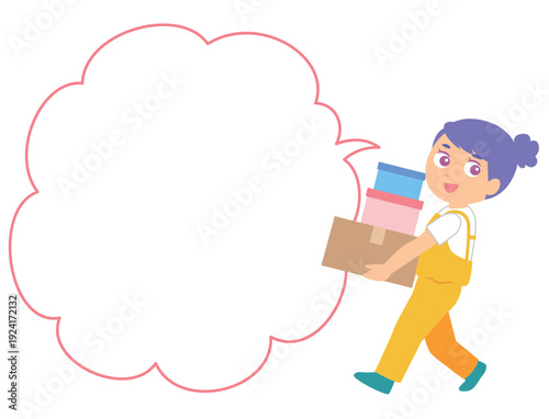 荷物を運ぶ女性のイラスト吹き出し付き