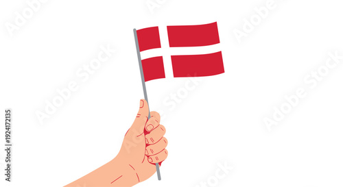 Human hand holds a small, waving flag of Denmark in a simple and clear vector illustration isolated on a white background.