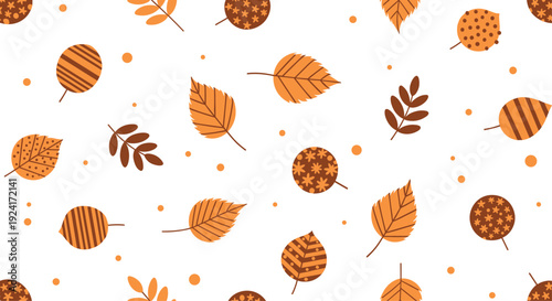 Autumn seamless pattern with stylized orange and brown leaves of different shapes and patterns scattered on a white background.