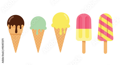 Delicious set of five different ice cream treats, including cones and popsicles, is illustrated in a colorful flat vector style.