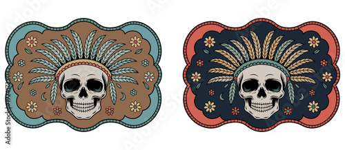 Skull with Feathered Headdress Label Belt Buckle Old West Cowboy Style
Stylized skull with feathered headdress label design, old west cowboy style belt buckle featuring apache tag elements and silhoue