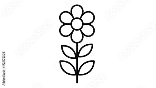 Simple black and white line drawing of a flower with six petals and two pairs of leaves on a stem, isolated on a white background for coloring.