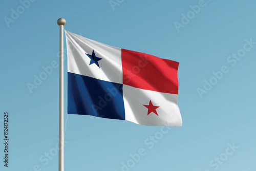 Panama national flag waving on pole against clear blue sky background.