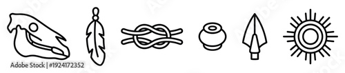 Six black and white linear icons arranged horizontally, including a prehistoric skull, a tribal feather, a rope knot, a stone bead, a primitive arrowhead, and a sun symbol