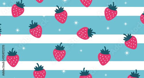 Sweet seamless pattern features cute pink strawberries and little white stars scattered across a background of blue and white stripes.