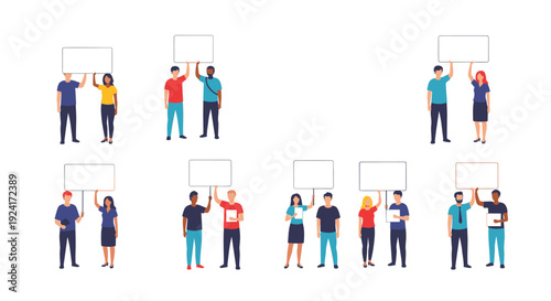 Set of diverse groups of people, men and women, standing and holding blank white signs and placards for protest or demonstration.